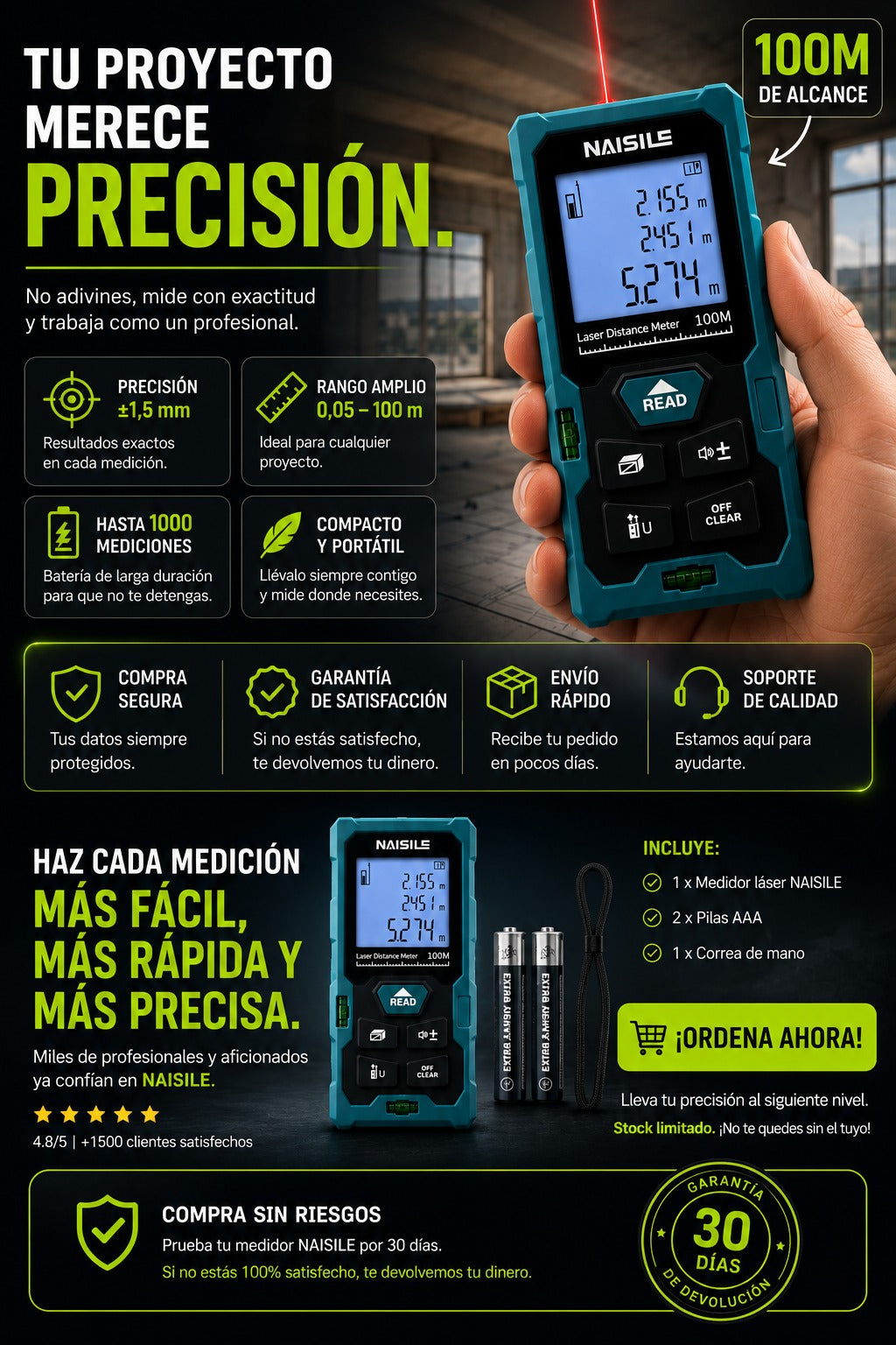 Medidor Láser Profesional 100 m | Precisión y Medición en segundos