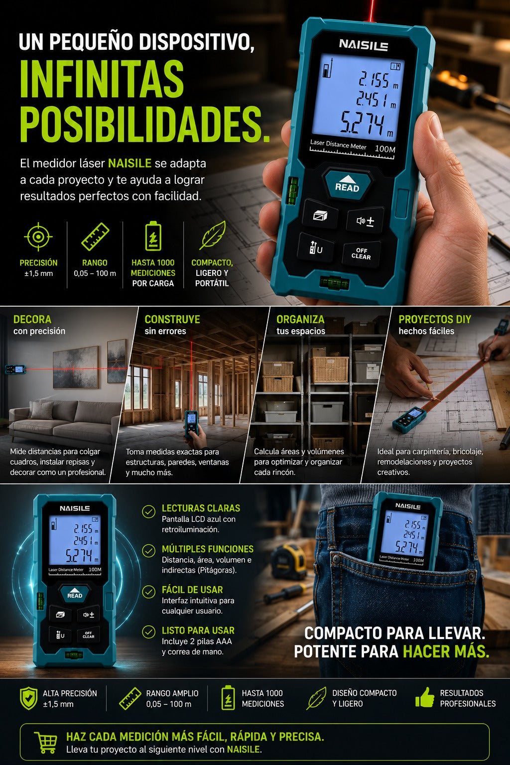 Medidor Láser Profesional 100 m | Precisión y Medición en segundos